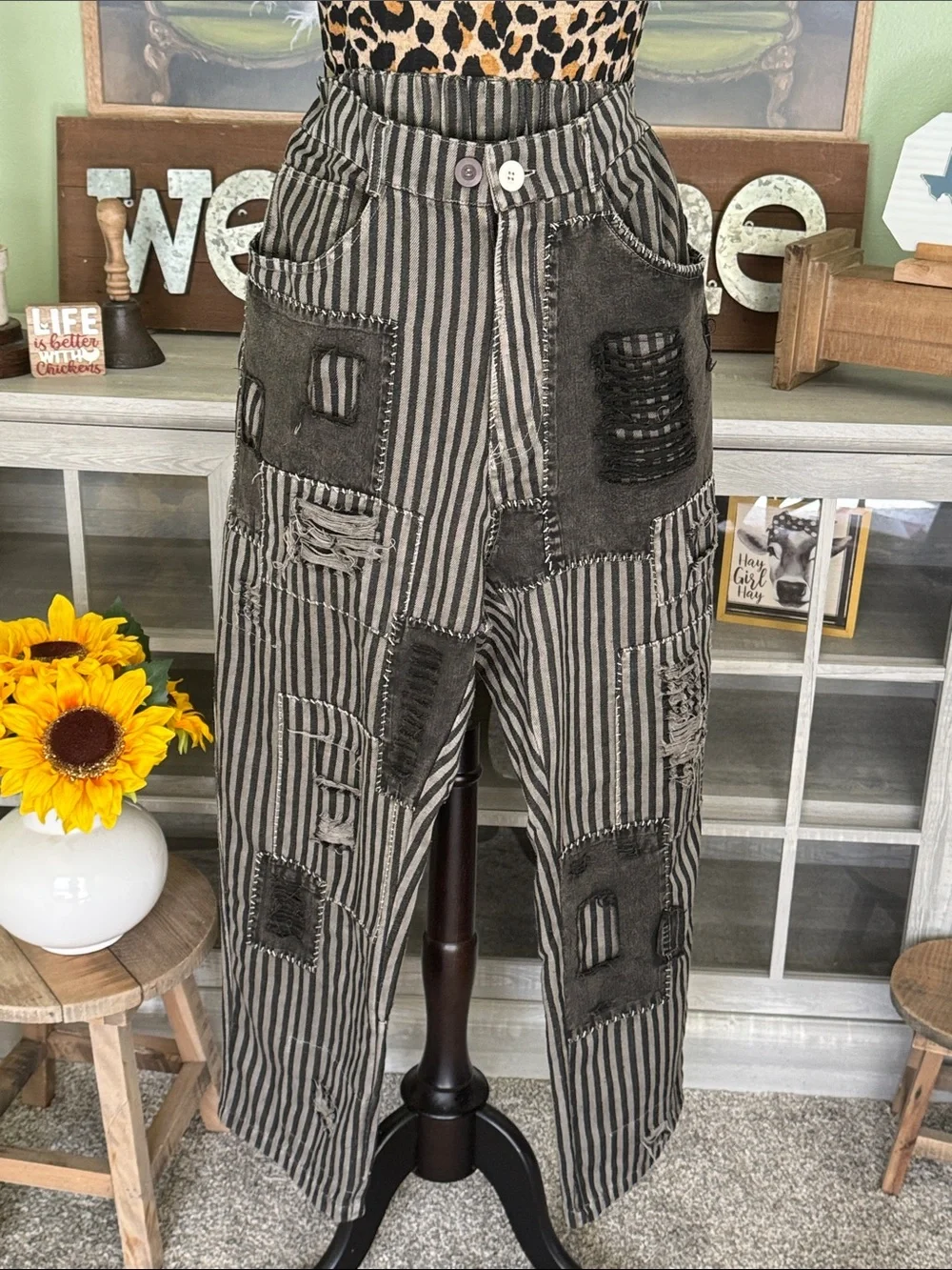 NWT Blue Velvet Striped Patchwork Pants in Black and Gray - Picture 1 of 14